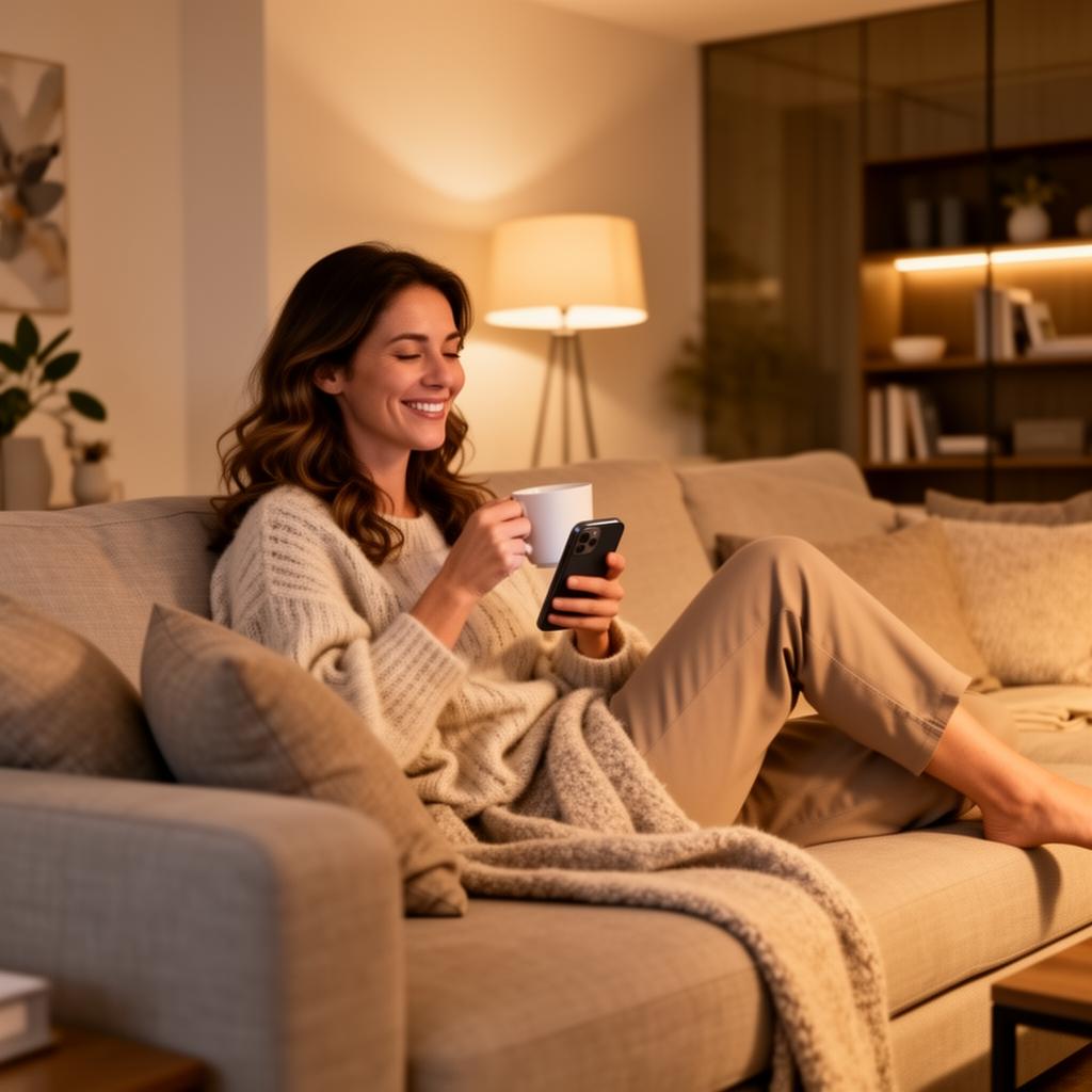 Mamá relajada en el sillón pidiendo bolos desde su celular con una taza de café